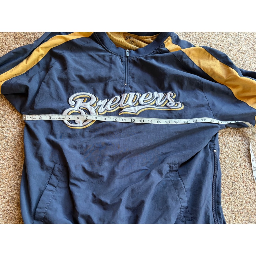 Stitches Milwaukee Brewers MLB Windbreaker Navy Gold Quarter Zip Mens Large - Picture 4 of 8